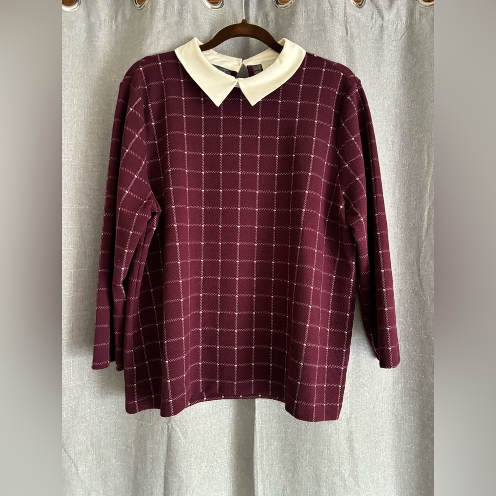 Loft Burgundy and Plaid Cream Collared Business Casual Top, XL